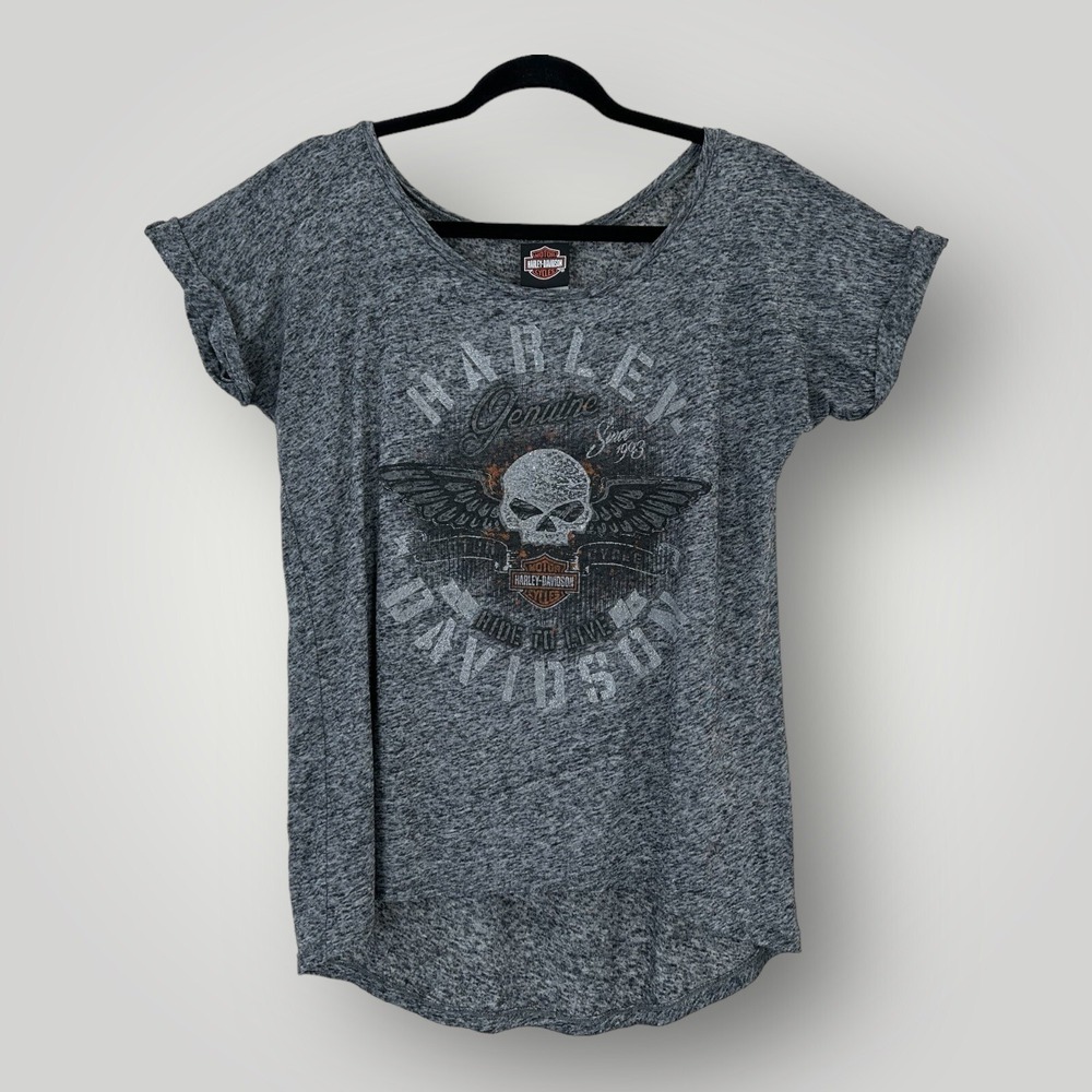 Harley Davidson Skull T Shirt Womens Size S Gray Biker Graphic McAllen TX